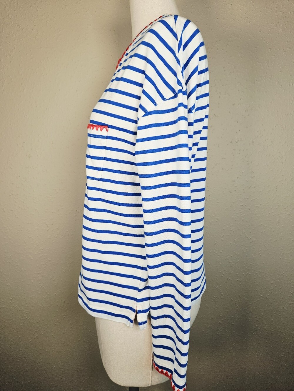 Boden Blanket Stitch Boxy Striped Top Small Blue White Cotton Long Sleeve - Picture 4 of 11